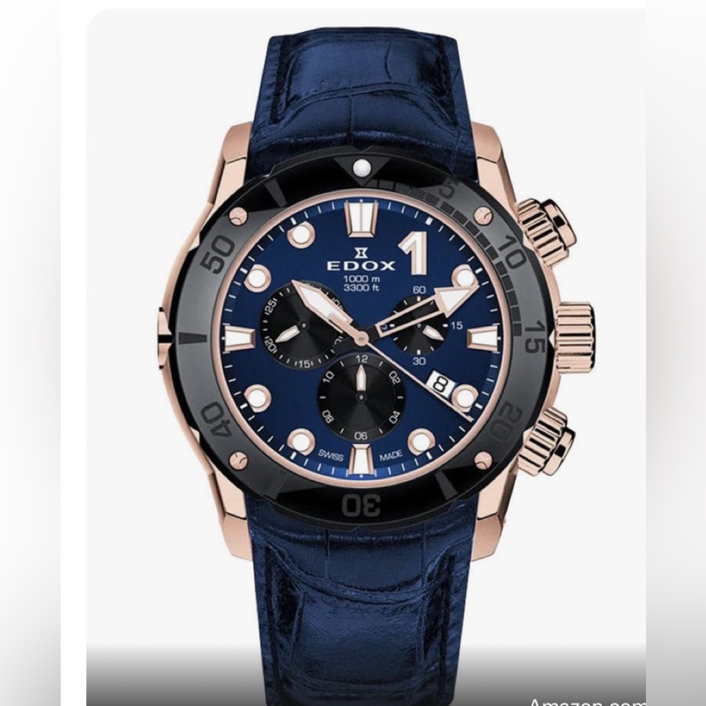 Edox CO-1 Chronograph Rose Gold PVD Leather Divers Mens Watch 10242-TINR-BUIRN